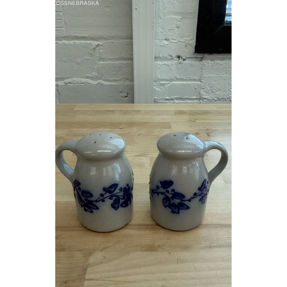 Vintage Salt Glaze Stoneware Salt and Pepper Shakers Blue Floral 2 Piece Set